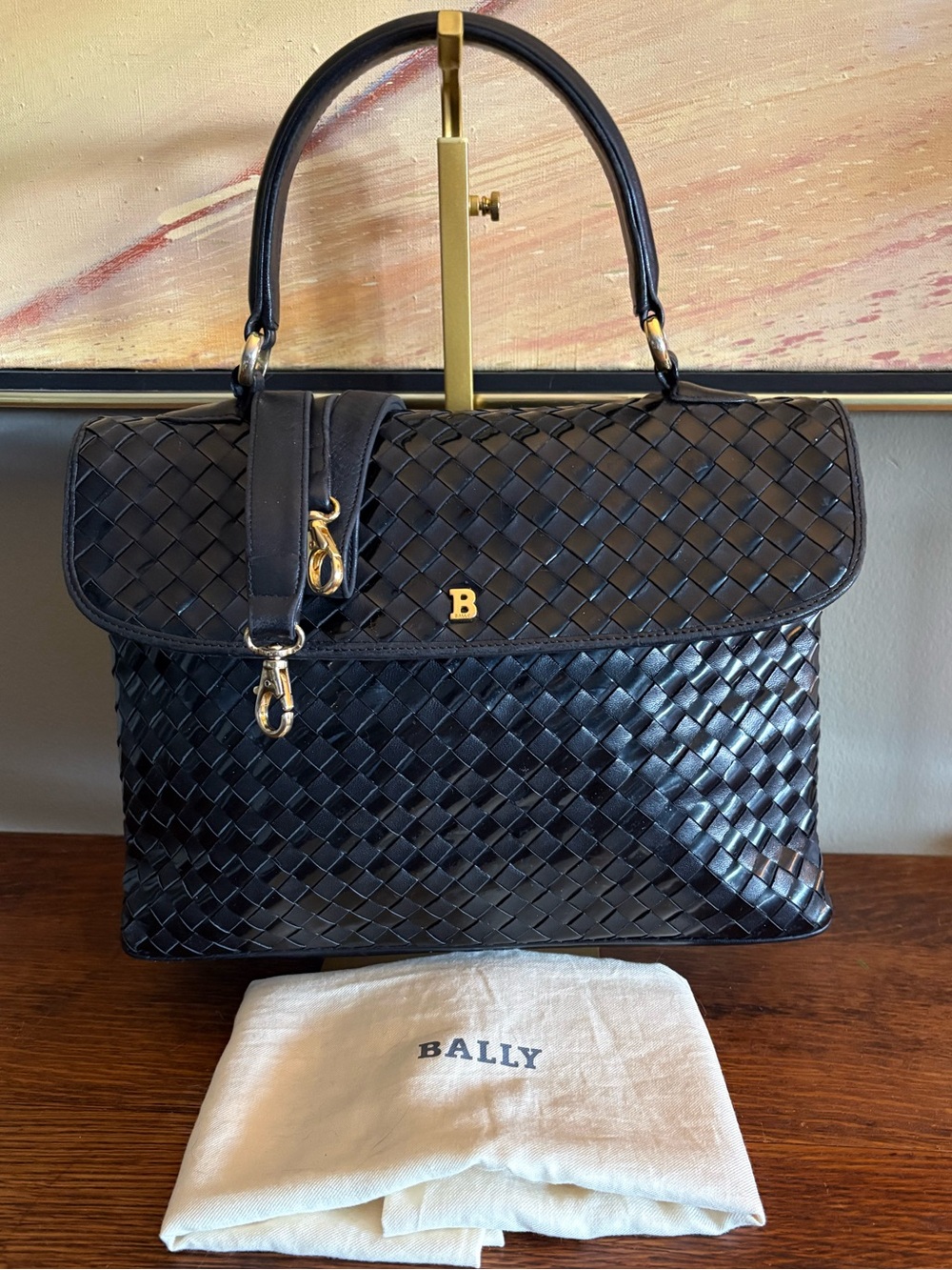 Vintage BALLY Black Woven Leather Satchel 2-Way Crossbody Bag 80s / 90s